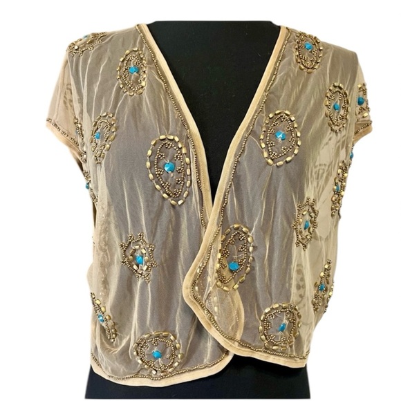 Chico's Sweaters - Chico's Beige and Turquoise Embellished Sheer Cardigan Jacket Turquoise stones